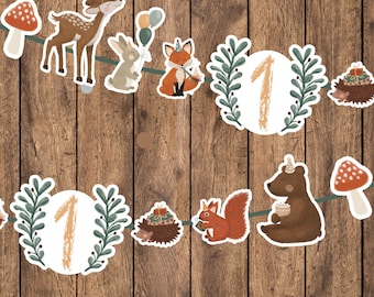 Waldtiere Girlande personalisierbar 1. Geburtstag Woodland Girlande mit Jahreszahl Waldtiere Geburtstag Deko Bär Fuchs Reh Eichhörnchen Hase