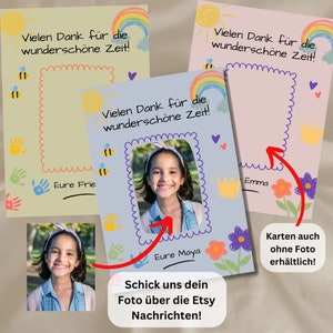 May include: Two personalized thank you cards with a rainbow, sun, and flowers. The cards are blue and pink with a space for a photo. The text on the cards says "Vielen Dank f&uuml;r die wundersch&ouml;ne Zeit!" which translates to "Thank you for the wonderful time!"