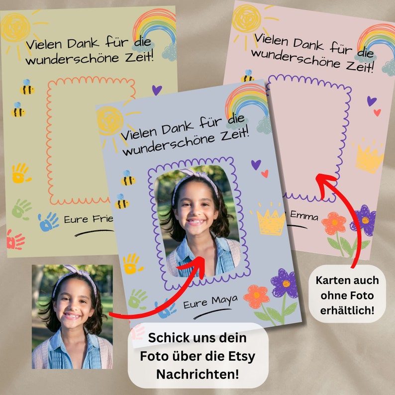 May include: Two personalized thank you cards with a rainbow, sun, and flowers. The cards are blue and pink with a space for a photo. The text on the cards says "Vielen Dank f&uuml;r die wundersch&ouml;ne Zeit!" which translates to "Thank you for the wonderful time!"