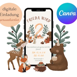invitación digital animales del bosque tarjeta electrónica invitación de segundo cumpleaños invitación de bosque personalizable plantilla canva animales del bosque invitación de teléfono móvil oso