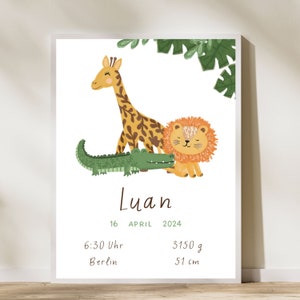 Namensposter Safari Geburtsposter Löwe Namensposter wilde Tiere Baby Geschenk zur Geburt Tiere personalisiertes Poster Zoo Giraffe Krokodil