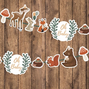 Babyshower Girlande Waldtiere Cake Topper Woodland Babyparty Deko babyshowerparty Deko baby party Waldtiere Bär Fuchs Hase Igel Pilz Reh