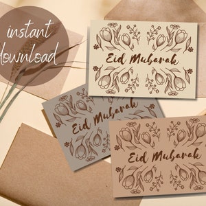 Druckbare Eid Mubarak Karten Set von 3, digitale Ramadan Grußkarten, downloadable Eid Karten, abstrakte Linien Blumen, A6, 5x7, 4x6