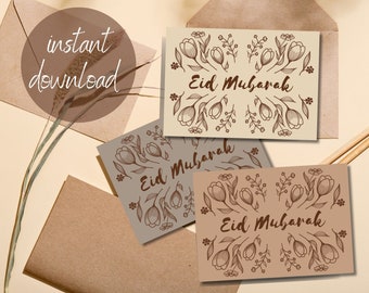 Druckbare Eid Mubarak Karten Set von 3, digitale Ramadan Grußkarten, downloadable Eid Karten, abstrakte Linien Blumen, A6, 5x7, 4x6