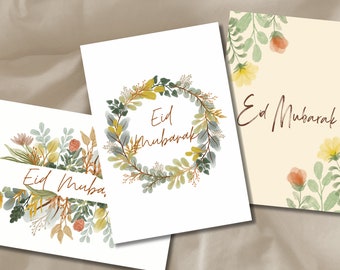 Eid Mubarak Cards Set of 3 Ramadan Cards Happy Eid Card Mosque Eid Postcard Flowers Botanical Eid Card Eid Gift Greeting Card Earth Tones