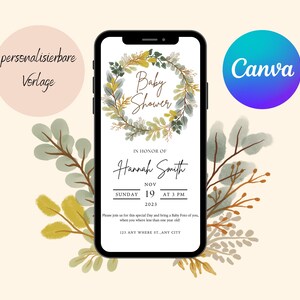 Könnte beinhalten: Eine digitale Einladung zu einer Babyparty mit einem Aquarellkranz aus grünen Blättern und gelben Blumen. Der Text lautet "Baby Shower" in einer handschriftlichen Schriftart. Die Einladung enthält den Namen "Hannah Smith", das Datum "Sonntag, 19. November 2023" und die Uhrzeit "15:00 Uhr".