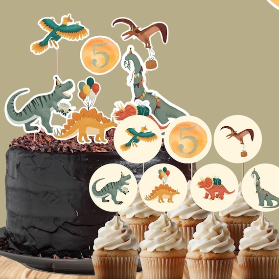 Dinosaurier Kuchendekoration Set – 8 Topper + 6 Wrapper, Aus Papier, Für Dino-Kindergeburtstag