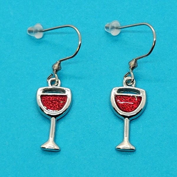 Red Wine Glass Charm Earrings, Wine Glass Charm, Stainless Steel Earring. Wine Connoisseur, Wedding Party Gift, Wine Enthusiast, Merlot