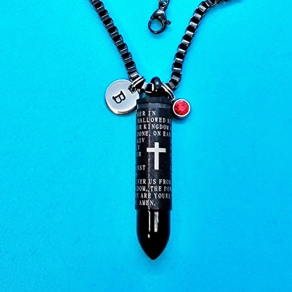 The Lord's Prayer Bullet Necklace, Bullet Charm, Urn, Black Stainless Steel Chain and Charm, Memorial Jewelry, Cremation Urn, Pet Memorial