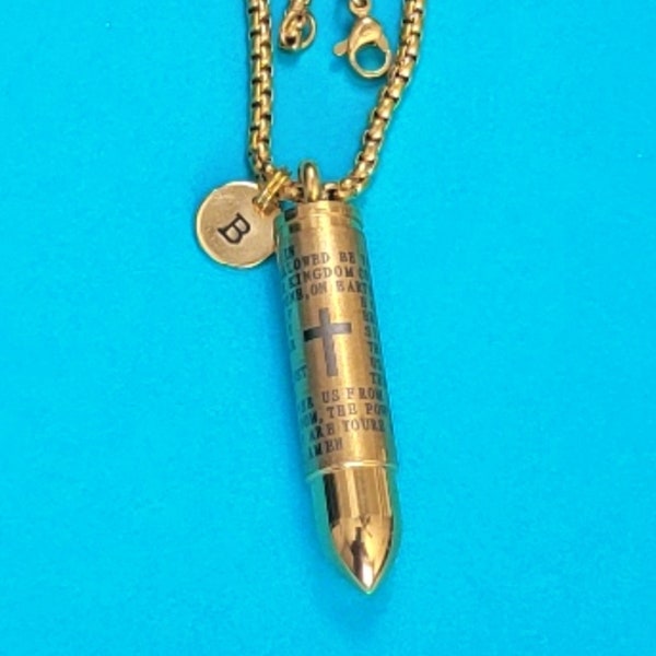 The Lord's Prayer Bullet Necklace, Bullet Charm, Urn, Gold Stainless Steel Chain and Charm, Memorial Jewelry, Cremation Urn, Pet Memorial