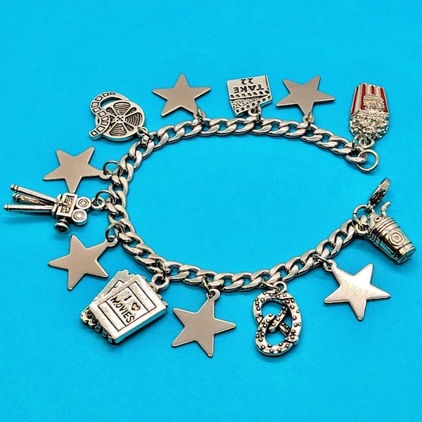 I Love Movies Charm Bracelet, Movie Charm, Stainless Steel Bracelet, Camera Charm, Take 22 Charm, Movie Camera Charm, Film Reel Charm, Stars