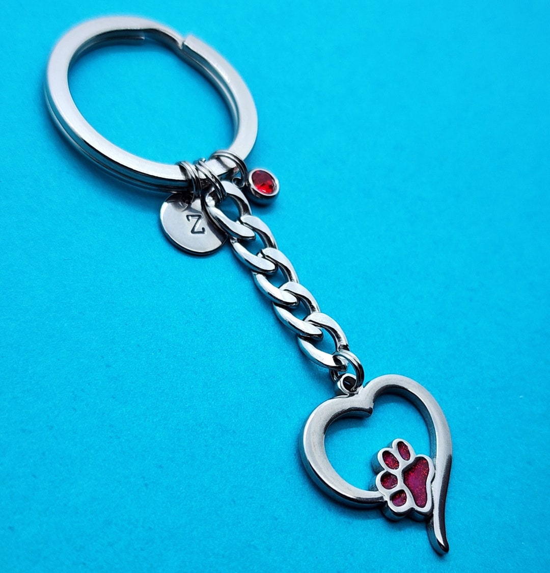 Heart Pawprint Charm Key Chain, Heart Paw Charm, Stainless Steel Ring