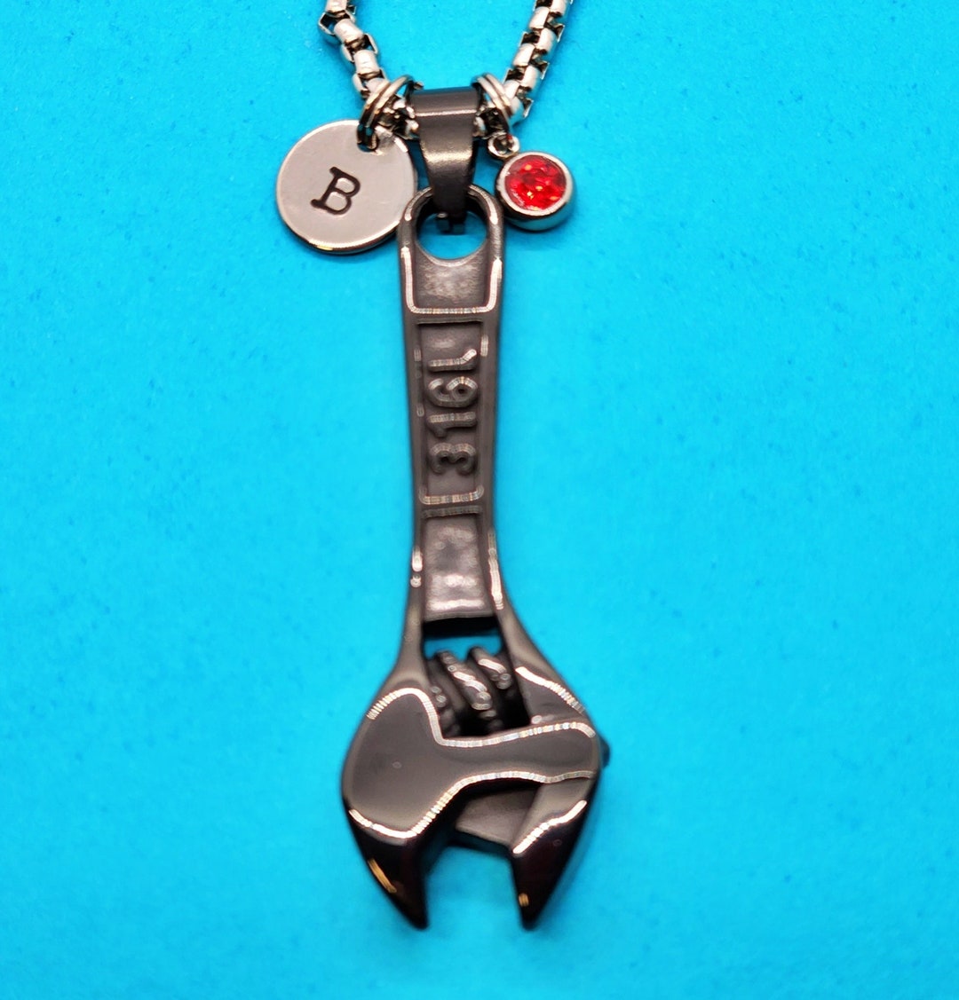 Wrench Charm 2 Necklace, Black Stainless Steel Charm3mm Chain, Wrench