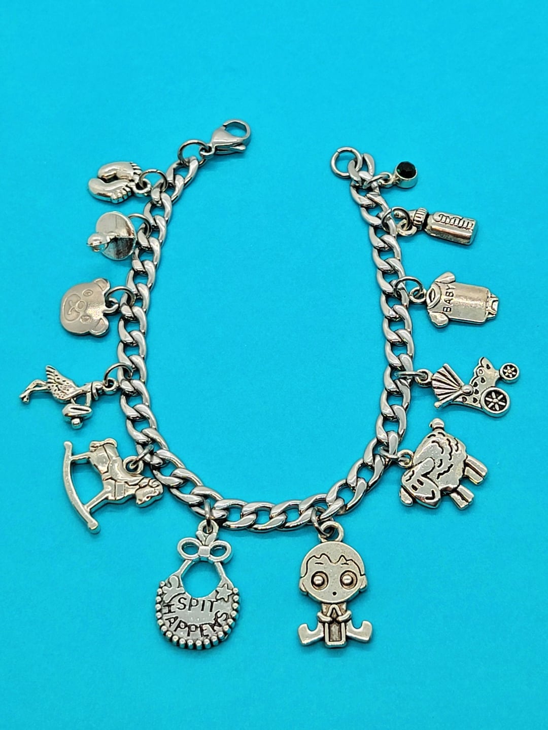 Baby Charm Bracelet, Baby Charm, Stainless Steel Chain, Spit Happens