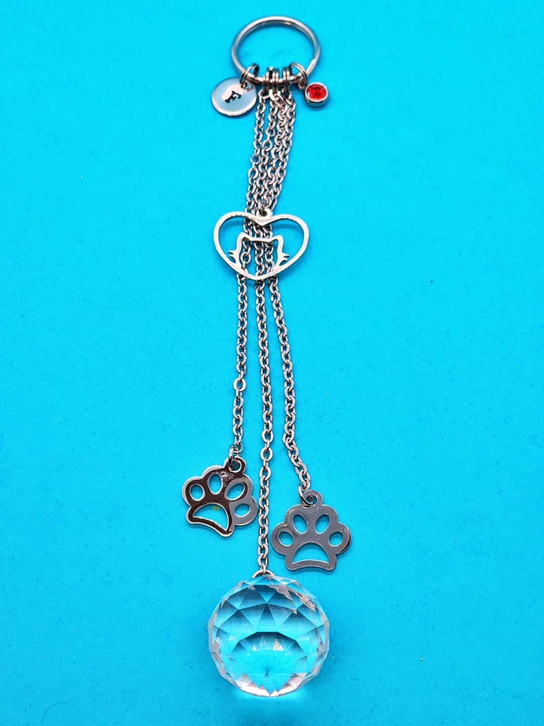 Cat With Wiskers in a Heart Charm Suncatcher, Stainless Steel Chainringcharms, Clear Glass