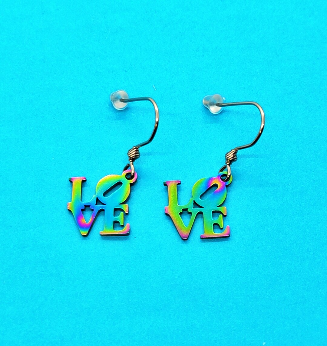 Rainbow LOVE Earrings, LOVE Charm, Stainless Steel Charms and Earrings