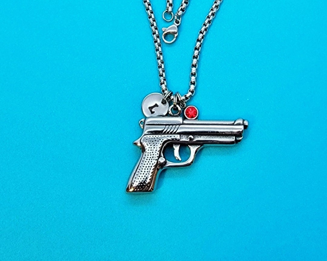 3D Hand Gun Necklace, Gun Charm, Stainless Steel Chaincharm, Pistol