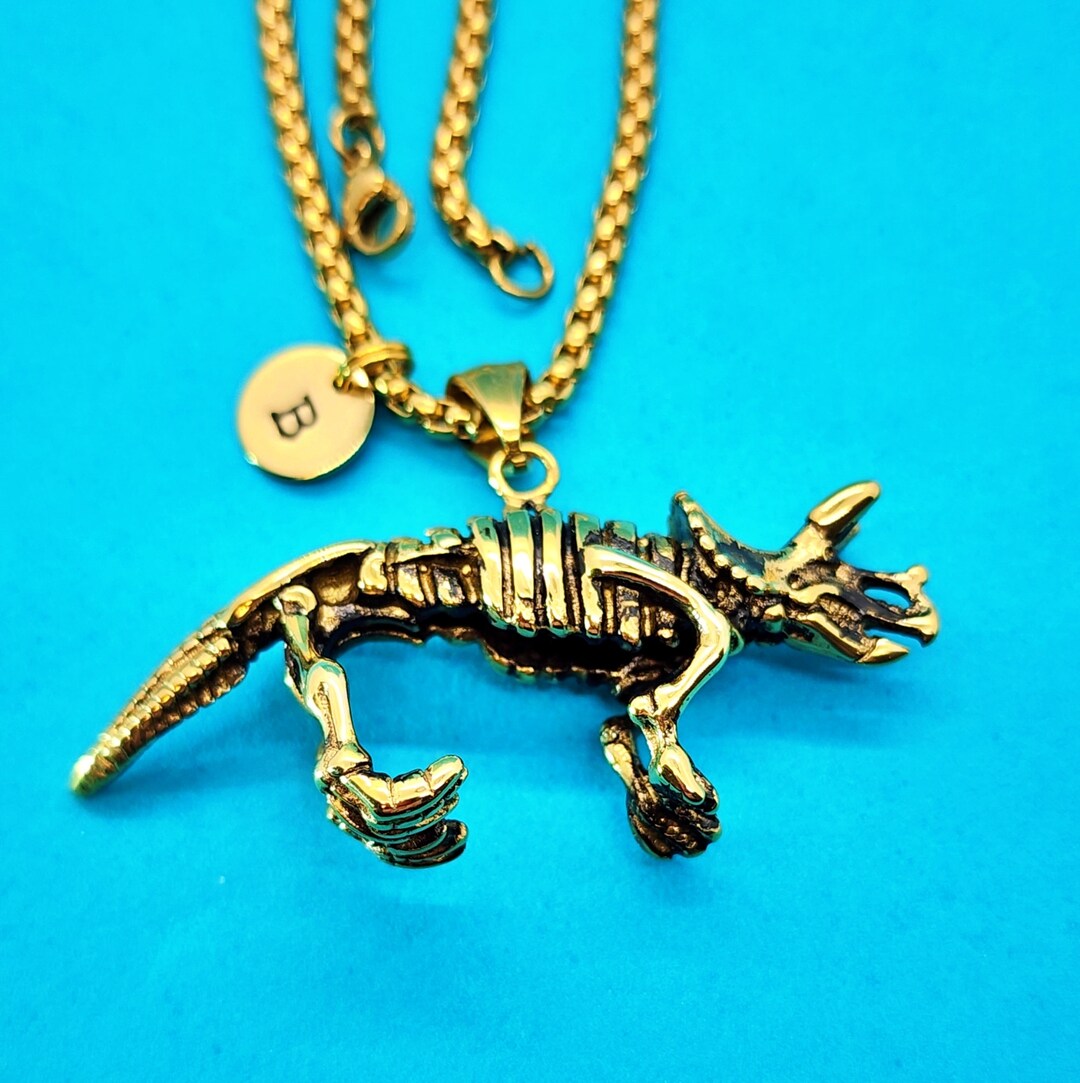 3D Triceratops Skeleton Necklace, Dinosaur Skeleton Charm, Golden