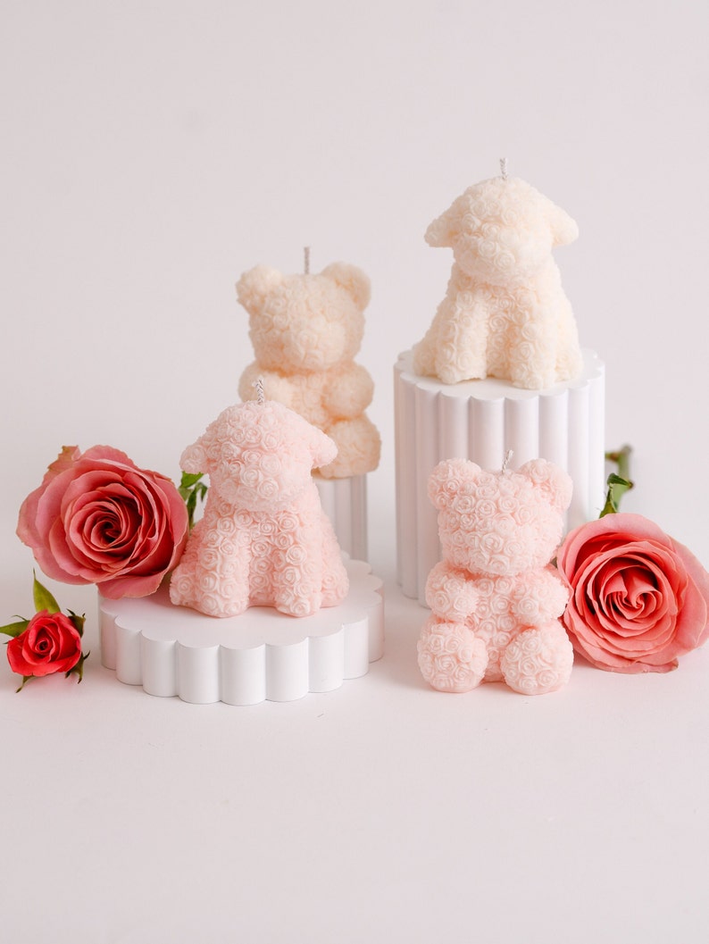 Rose Teddy Dog shaped soy candle / Newborn gift for friend / Rose Dog pillar candle / Gift ideas, cute pillar candle / Pink home decor image 3