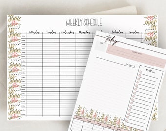 May include: A printable weekly schedule planner with a floral design. The planner includes a daily to-do list, a section for tracking meals, and a section for tracking water intake, sleep, and exercise.