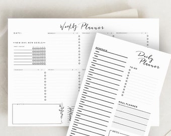 May include: A black and white printable daily and weekly planner with sections for scheduling, to-do lists, meal planning, and notes.