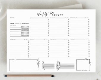 May include: A black and white weekly planner with sections for each day of the week. The planner has a section for new day, new goals, habit tracker, notes, grocery list, and appointments/events.