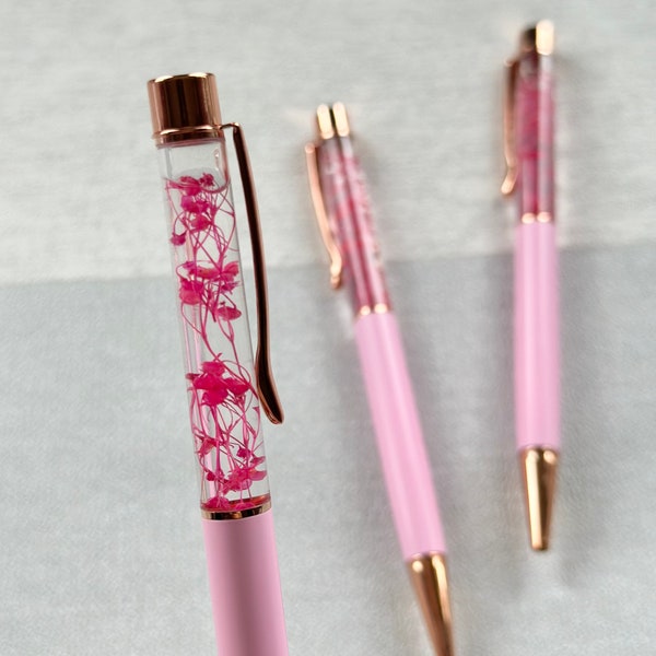 Stylos fleurs roses, Fleurs séchées, Papeterie, Fournitures de bureau, Stylo en résine dorée, Stylos floraux, Jolis stylos, Cadeaux personnalisés, Stylo élégant