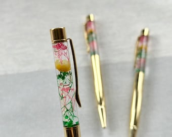 Bolígrafos con flores doradas, flores secas, papelería, material de oficina, bolígrafo dorado, cuadernos, bolígrafo con flores, bolígrafos bonitos, regalos personalizados, bolígrafo con estilo