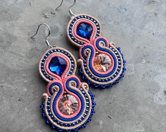 Handmade Soutache Earrings: Blue & Peach Statement Jewelry