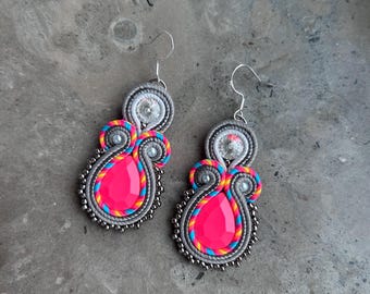 Handmade Soutache Earrings, Vibrant pink and Silver, Beaded Jewelry