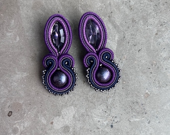 Handmade Soutache Earrings, Dark Purple Crystals