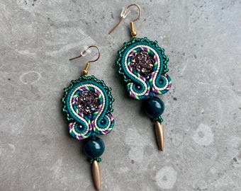 Handmade Soutache Earrings: Green & Brown Pine Forest Design