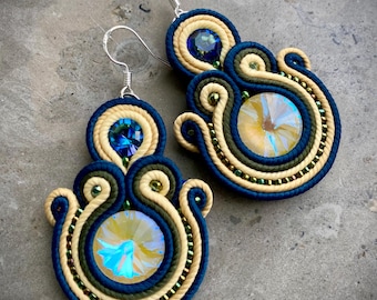 Handmade Soutache Earrings, Yellow Crystal, Blue Reflection