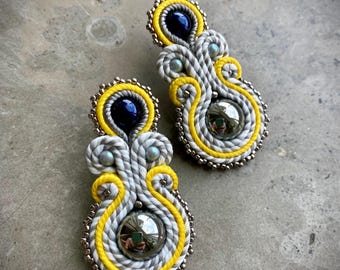 Handmade Soutache Earrings, Modern Yellow Silver Jewelry