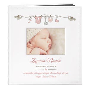 Maverton Photo Album for baby - White cover with a photo frame - Personalised Birthday gift - Stylish overprinted album for kid