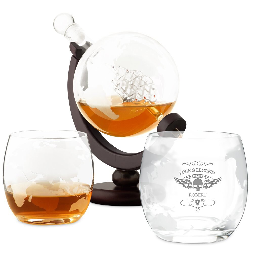 Murrano Ensemble de Carafe Globe avec 2 Verres Gravés - Whiskey Set à Personnaliser Motif Planète Le