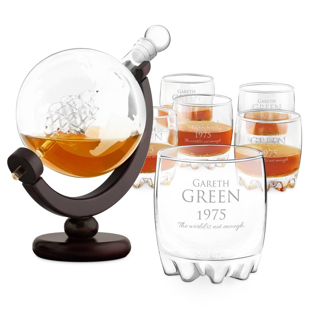 Murrano Ensemble de Carafe Globe avec 6 Verres Gravés à Whisky - Whiskey Set Personnaliser Motif Pla