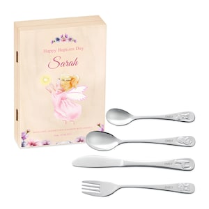 Maverton Kid Silverware - In overprinted wooden box - Animals Cutlery Set for baby girl  - Gift for Baptism - Girls Tableware with engraving