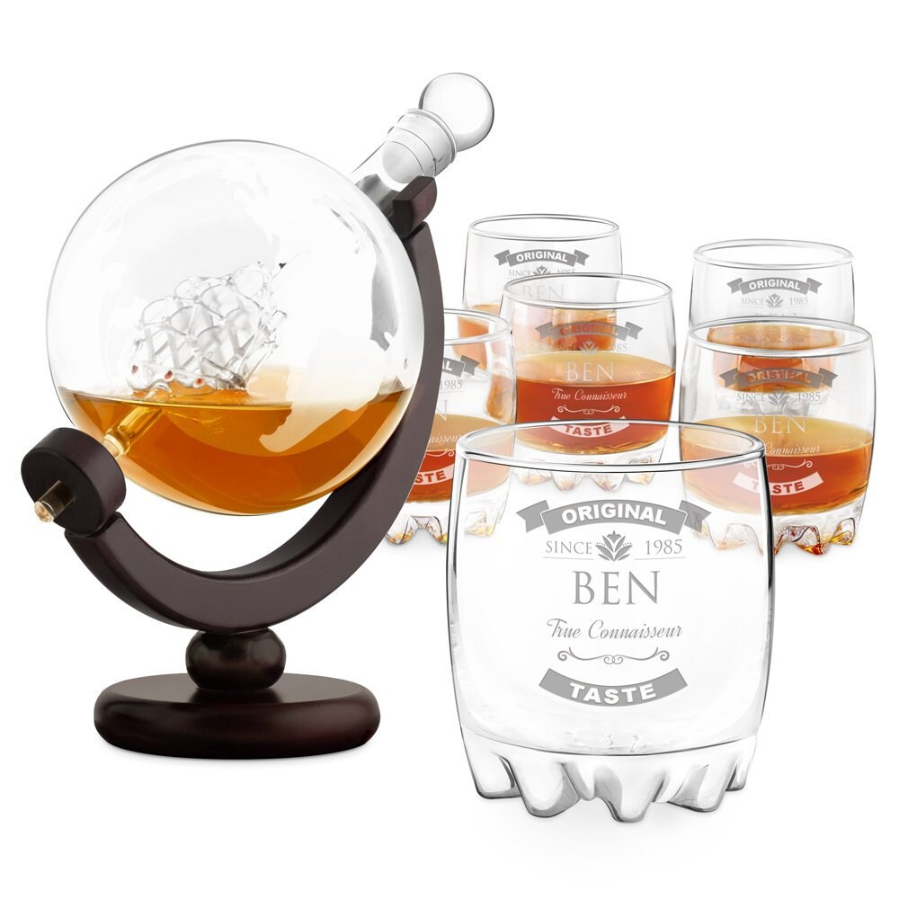 Murrano Ensemble de Carafe Globe avec 6 Verres Gravés à Whisky - Whiskey Set Personnaliser Motif Pla