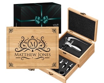Maverton Personalised Set of Wine Opening Accessories - Gift Set for man - Stainless Steel Wine Tools in wooden box for him - For Birthday