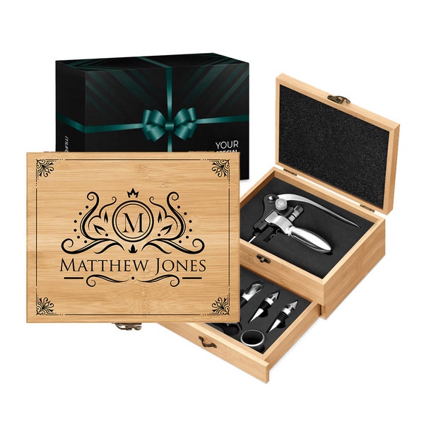 Maverton Personalised Set of Wine Opening Accessories - Gift Set for man - Stainless Steel Wine Tools in wooden box for him - For Birthday