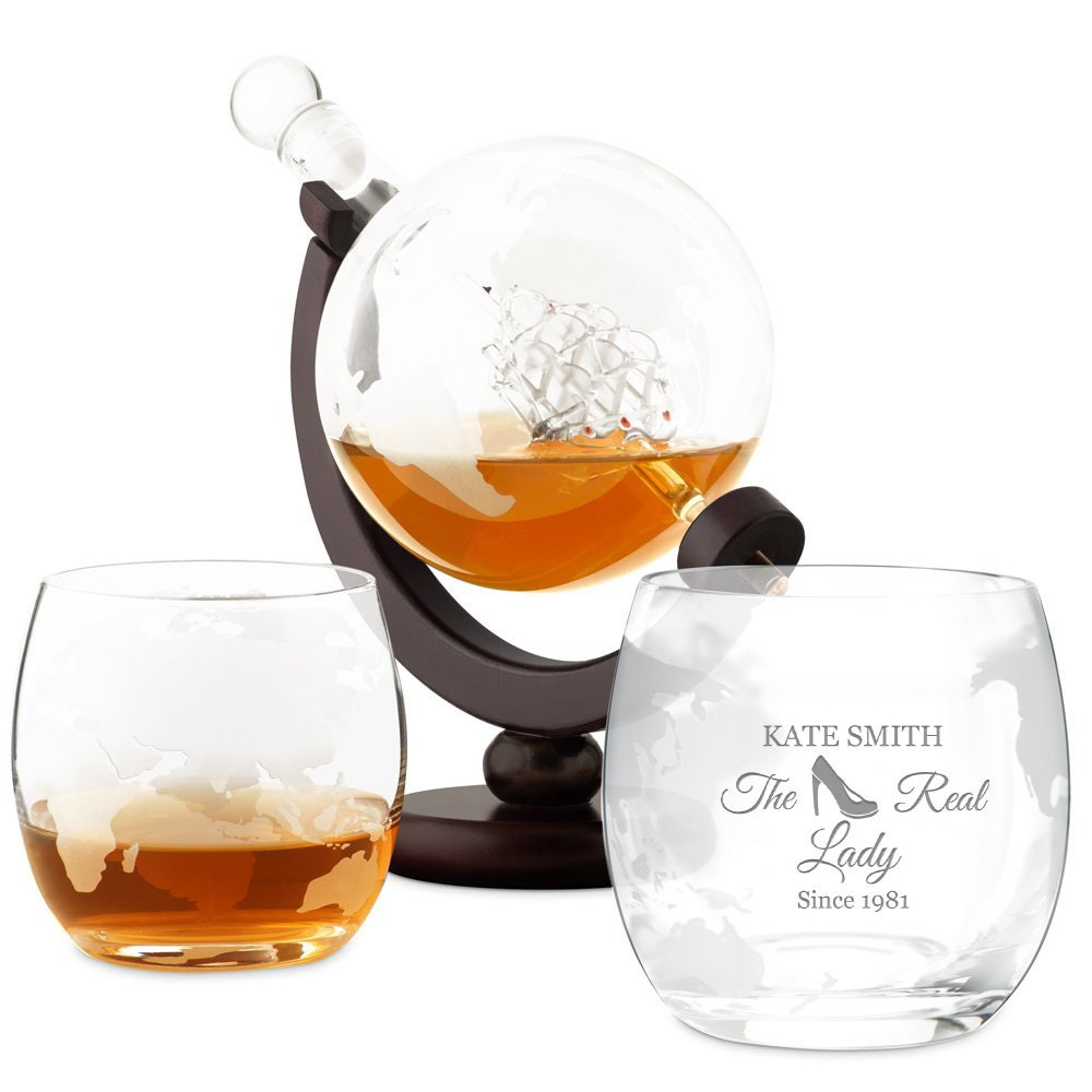 Murrano Ensemble de Carafe Globe avec 2 Verres Gravés - Whiskey Set à Personnaliser Motif Planète La