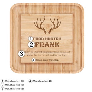 Maverton Bambus Käseschneidebrett mit Gravur 4er Käsemesser Set dekoratives Serviertablett Cheese Board Set Geschenk für Männer FOOD HUNTER