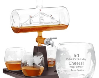 Maverton Ship Whiskey Decanter Set with 4 Glasses - Original Whiskey set with engraving for man - Personalised Glassware for him