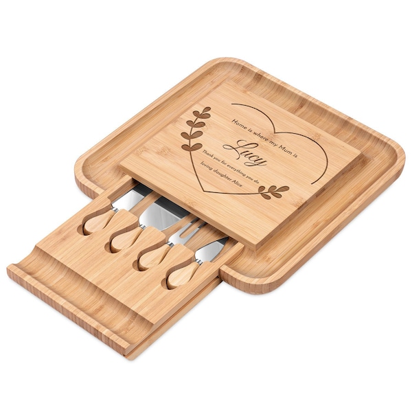 Maverton Planche à fromage avec tiroir à couteaux - Plateau en bois à personnaliser - Planche gravée pour elle - Cadeau d’anniv pour femmes