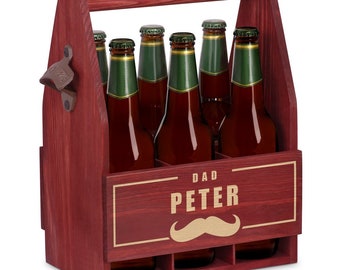 Maverton Personalised Wooden Beer Caddy for man - Engraved Bottle Carrier for husband - Beer Crate with a Handle for Birthday - Carrier Box