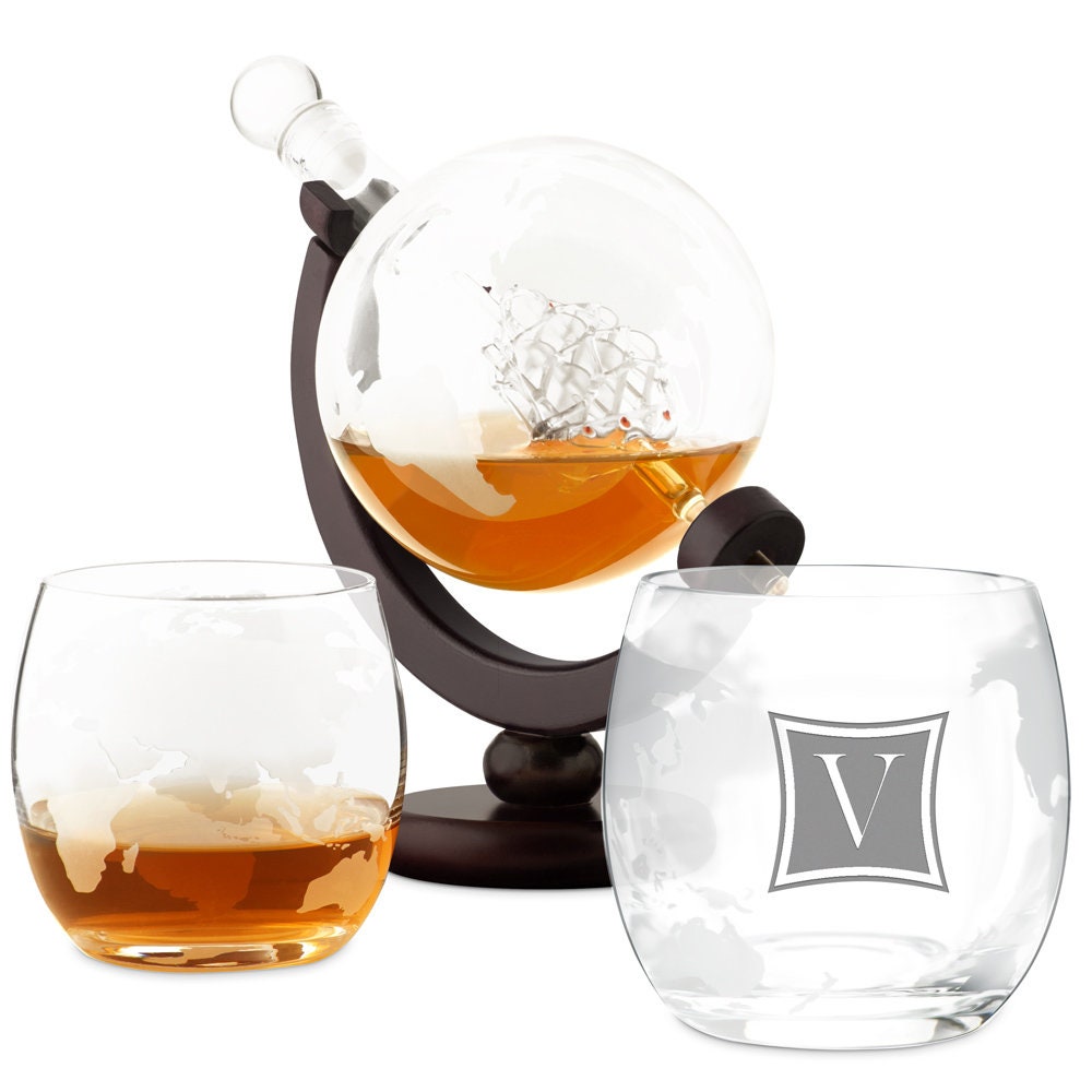 Murrano Ensemble de Carafe Globe avec 2 Verres Gravés - Whiskey Set à Personnaliser Motif Planète Le