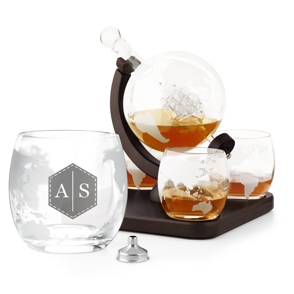 Murrano Ensemble de Carafe Globe avec 4 Verres Gravés à Whisky - Whiskey Set Personnaliser Motif Pla