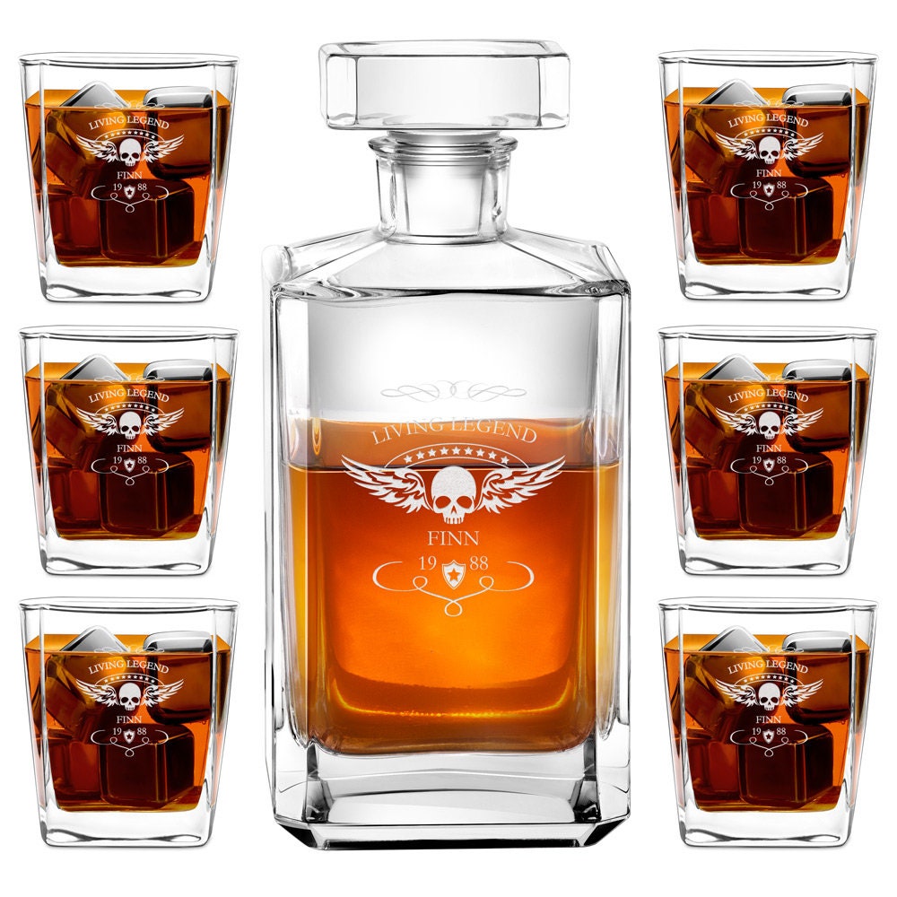 Murrano Ensemble de Carafe Personnalisé avec Verres à Whisky Gravés - 700 Ml Décanteur Whiskey, Cogn
