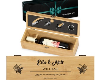 Maverton Wine accessories for couples - Customised wooden box for wine bottle - Wine lovers gift set - For wedding - Personalised Wine Set